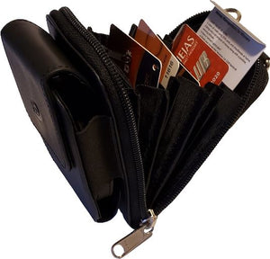Showfor Winners Bank Black Leather Case with casino items, showcasing style and functionality. The perfect fit for your credit cards, hotel room key, casino chips, and more.