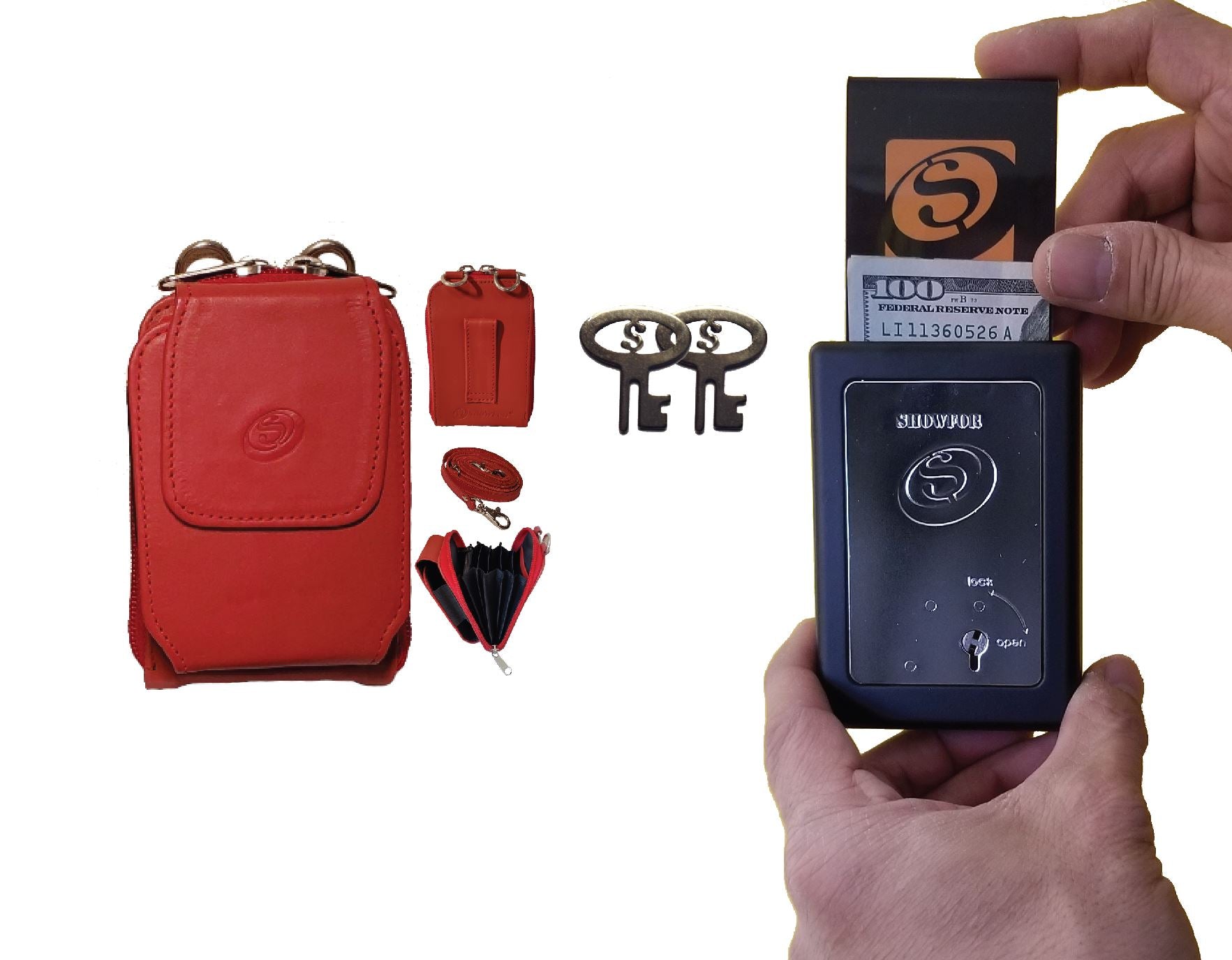 The Showfor Black Winners Bank with Red Leather Case bundle, offering stylish design and practicality.
