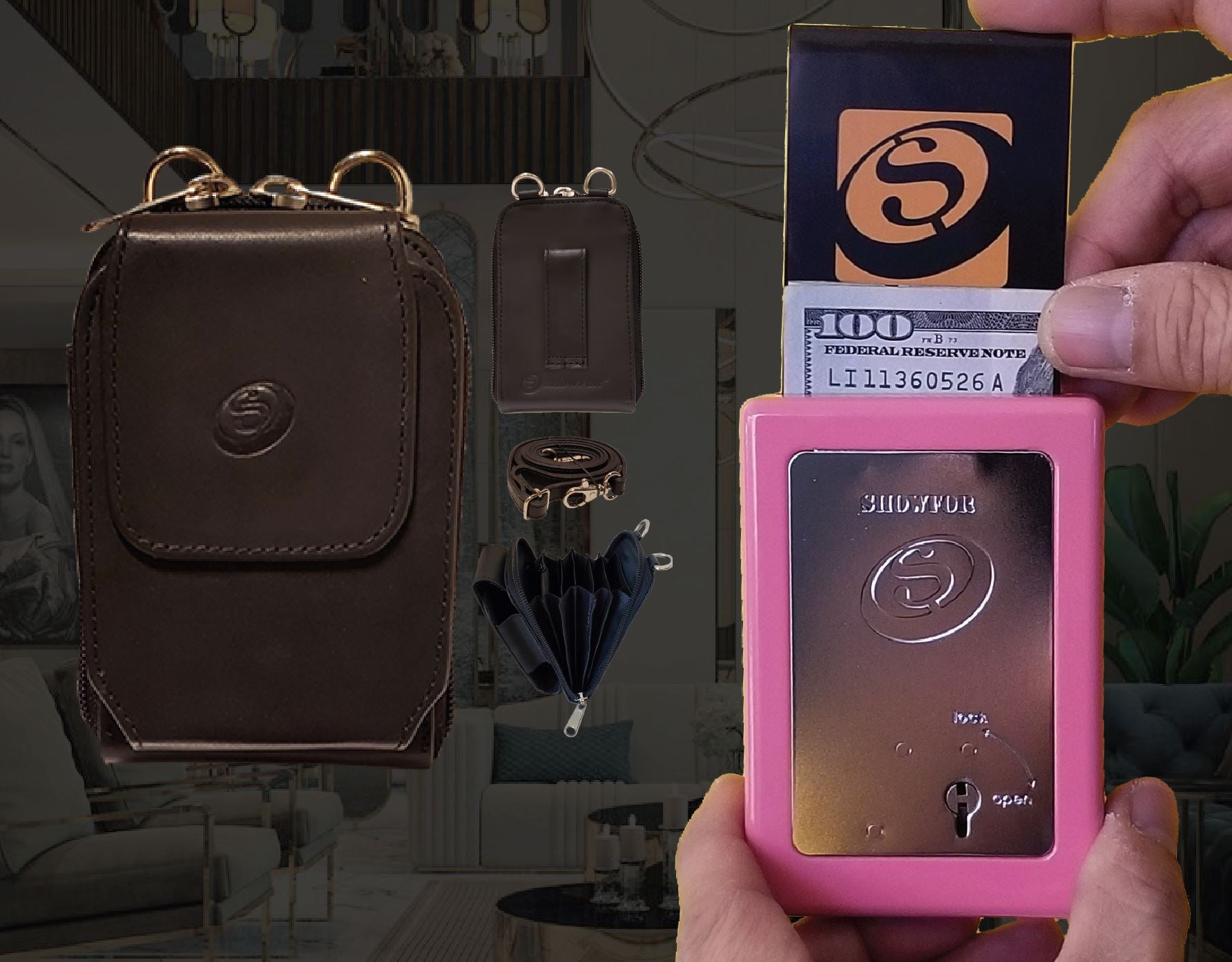 Showfor Pink Winners Bank with Black Leather Case Bundle: Chic Gaming Accessory