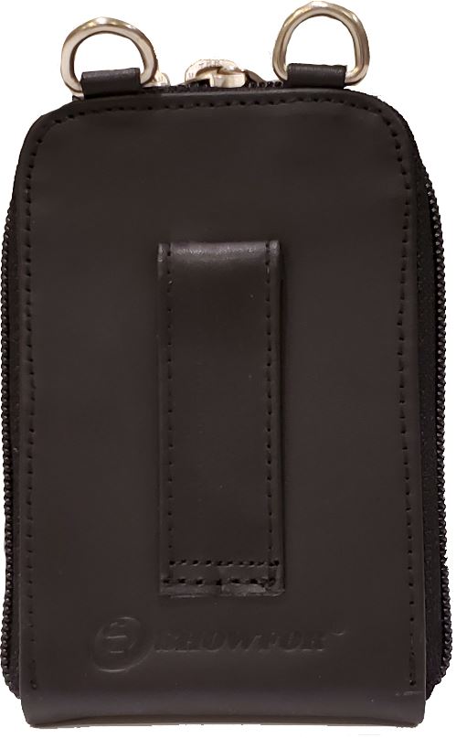 Back view of closed Showfor Winners Bank Black Leather Case featuring a belt loop for easy attachment.