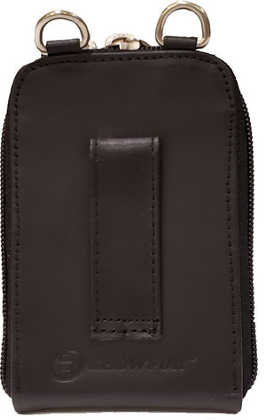 Back view of closed Showfor Winners Bank Black Leather Case featuring a belt loop for easy attachment.