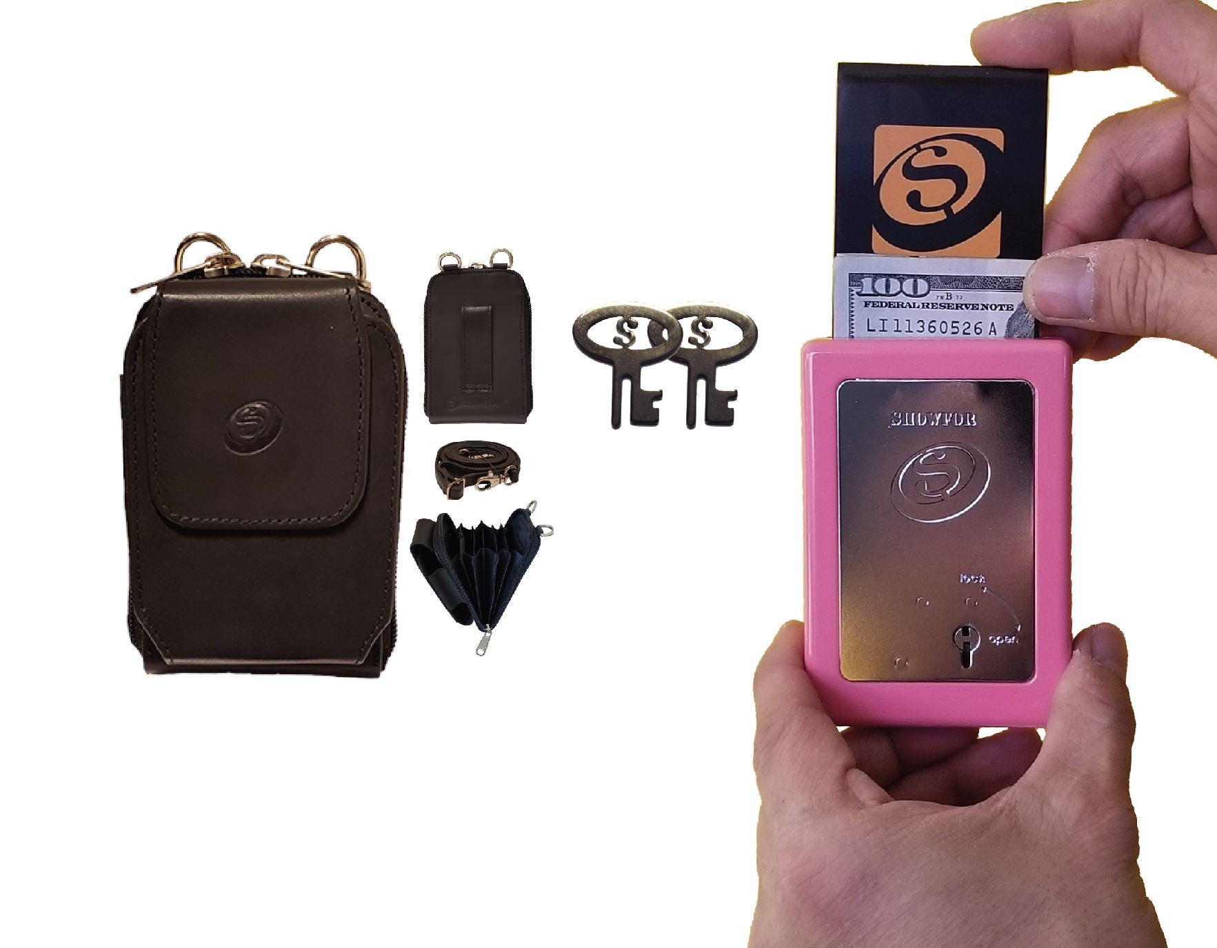 The Showfor Pink Winners Bank with Black Leather Case bundle, a fusion of sophistication and utility.