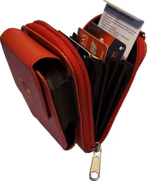 Showfor Winners Bank Red Leather Case with casino items, showcasing style and functionality. The perfect fit for your credit cards, hotel room key, casino chips, and more.