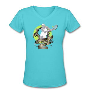 Tennis - Awesome - T-shirt Design by JB Rae Women's V-Neck T-Shirt Showfor Inc. aqua S 