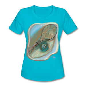 Tennis - Eleven - A Painting - T-shirt Design by JB Rae Women's Moisture Wicking Performance T-Shirt | SanMar LST350 Showfor Inc. turquoise S 